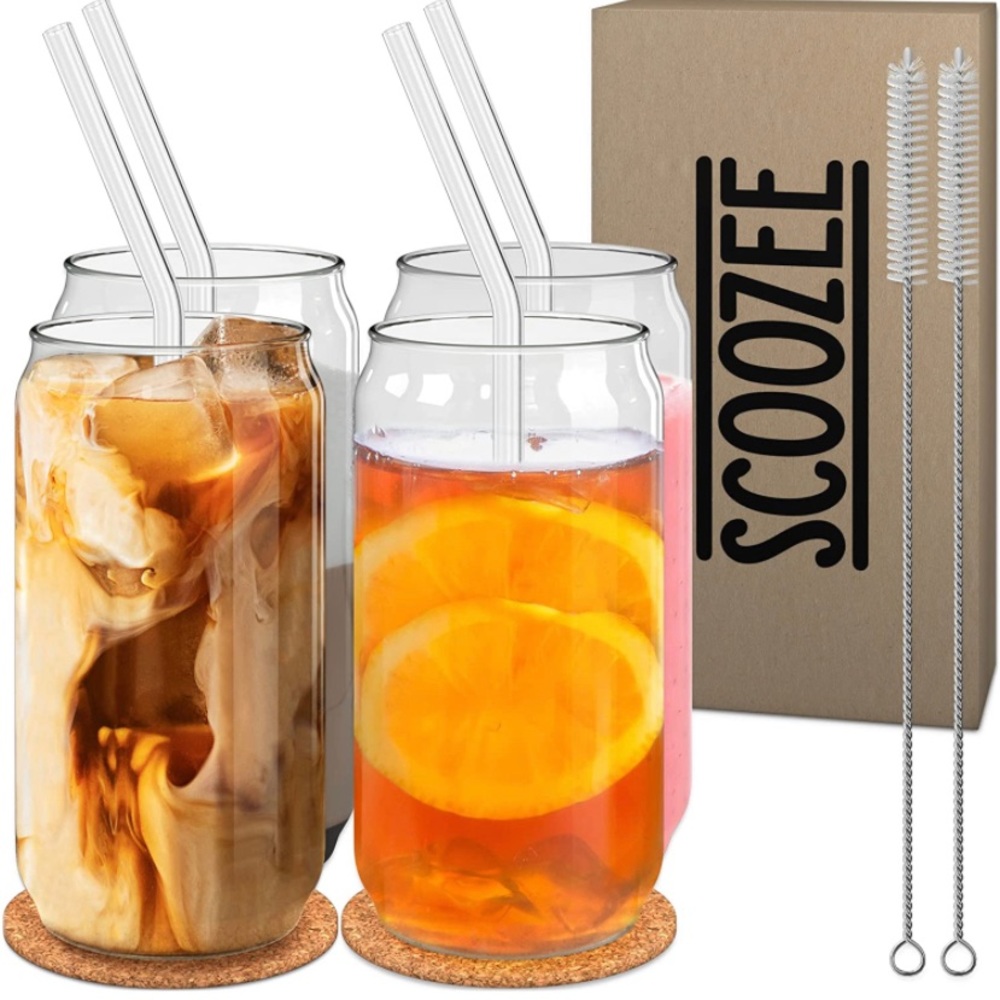 4 Scoozee Drinking Glasses w/ Glass Straws 16 oz BPA-Free Tumblers W/ Coasters